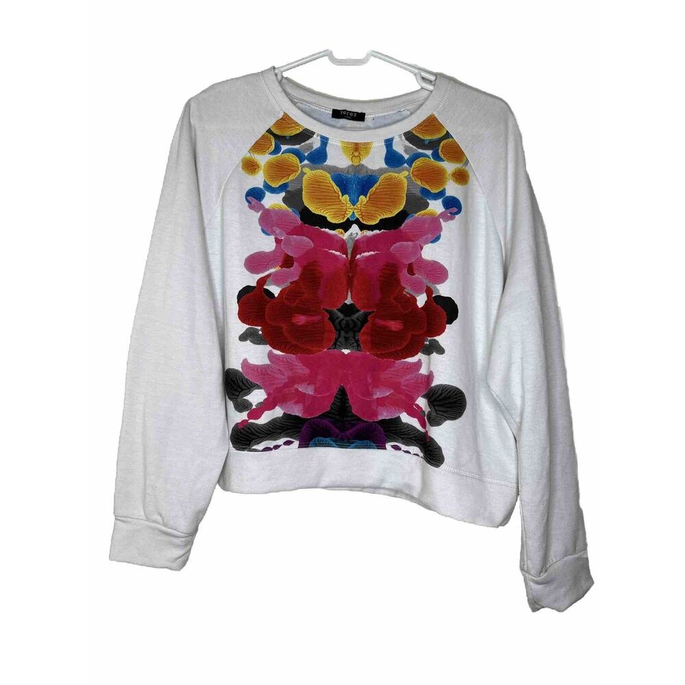 Terez Women’s Sz Large White Multicolor Inkblot Cropped Sweatshirt Athleisure